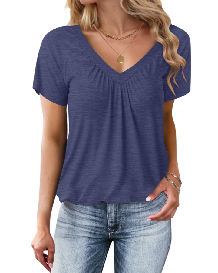 Zuri T-Shirt Donna Oversize – Letni top z dekoltem w serek, plisowany, z balonowym dołem, casual chic