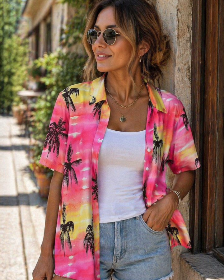 Sloane Damenbluse Hawaii – Sommerliches Blumen-Top, V-Ausschnitt, Kurzärmlig, Lässig