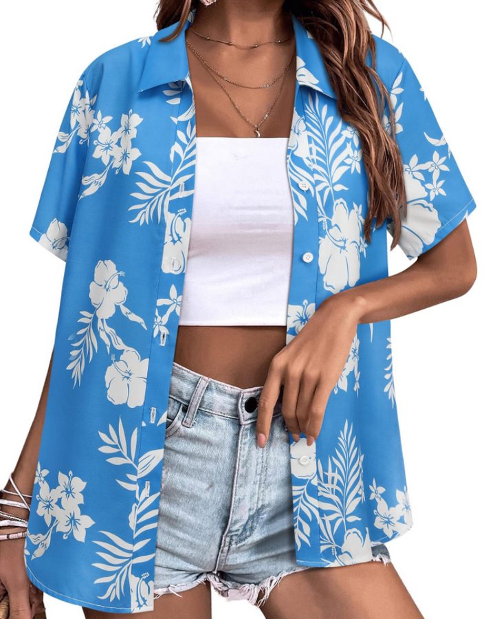 Sloane Damenbluse Hawaii – Sommerliches Blumen-Top, V-Ausschnitt, Kurzärmlig, Lässig