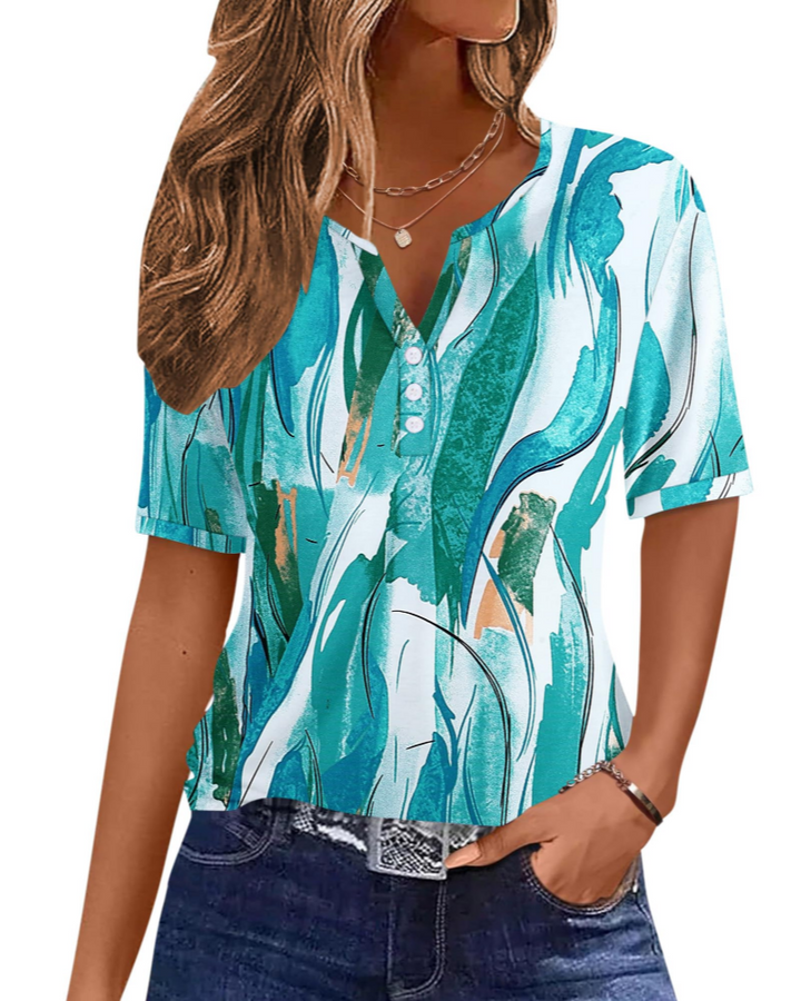 Wren T-Shirt Donna Elegante – Top Estivo Scollo V Henley, Bottoni, Maniche Corte
