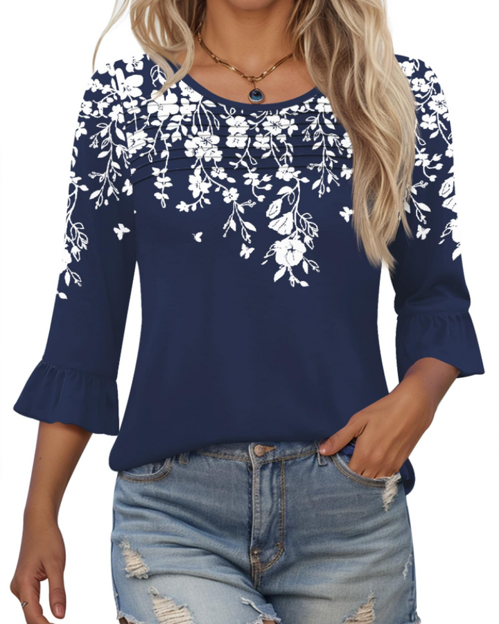 Briar Blusa Donna Elegante – Tunica Estiva Maniche 3/4, Plissé, Girocollo, Casual Chic