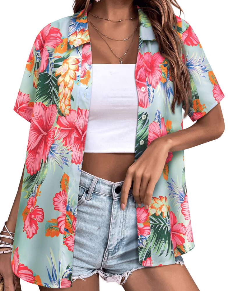 Sloane Damenbluse Hawaii – Sommerliches Blumen-Top, V-Ausschnitt, Kurzärmlig, Lässig