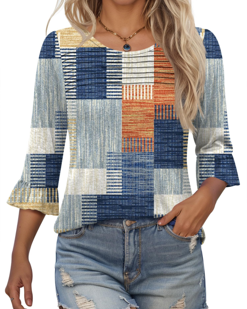Briar Blusa Donna Elegante – Tunica Estiva Maniche 3/4, Plissé, Girocollo, Casual Chic