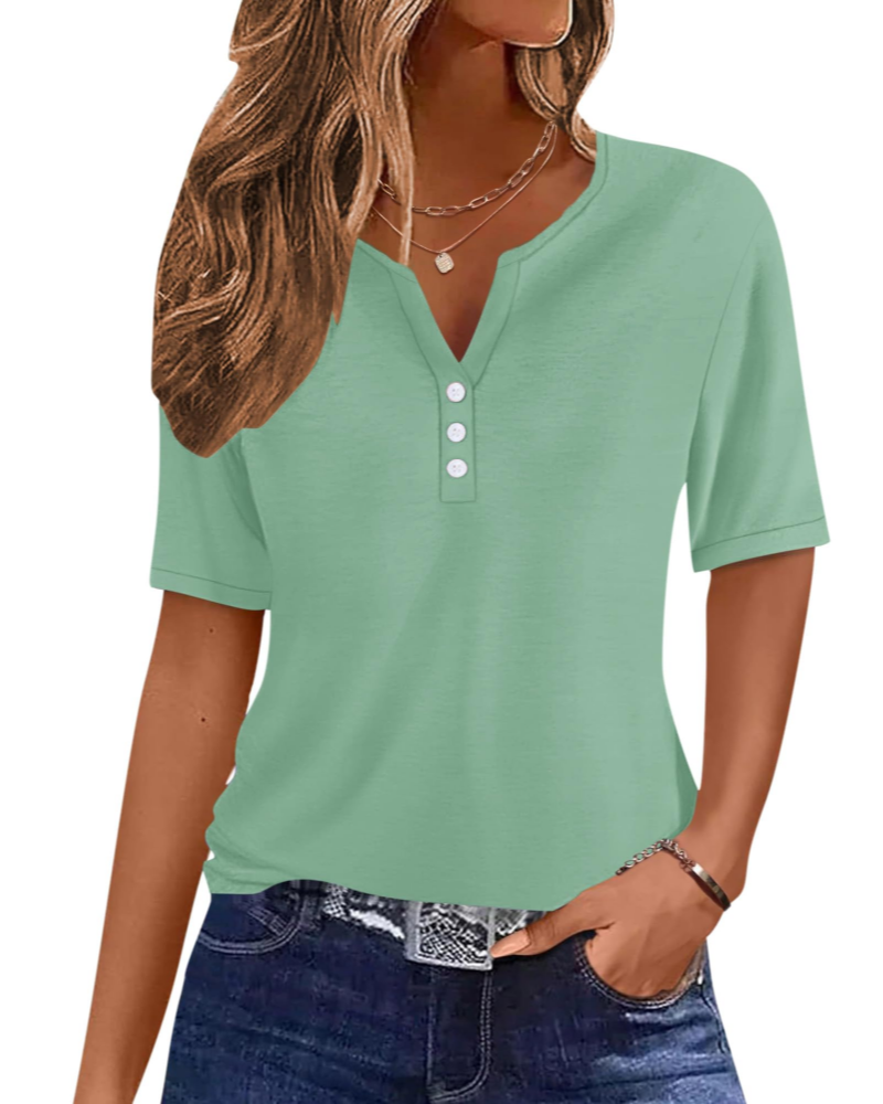 Wren T-Shirt Donna Elegante – Top Estivo Scollo V Henley, Bottoni, Maniche Corte