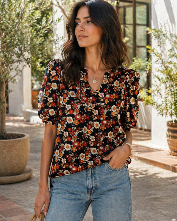 Zivelie Blouse Femme Élégante – Top Estival Col V, Manches Courtes Bouffantes, Décontracté Chic