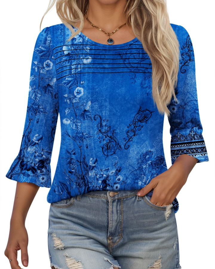Briar Blusa Donna Elegante – Tunica Estiva Maniche 3/4, Plissé, Girocollo, Casual Chic