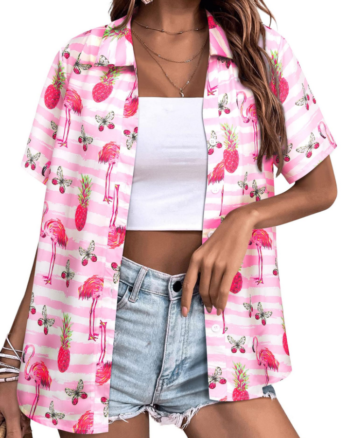 Sloane Damenbluse Hawaii – Sommerliches Blumen-Top, V-Ausschnitt, Kurzärmlig, Lässig