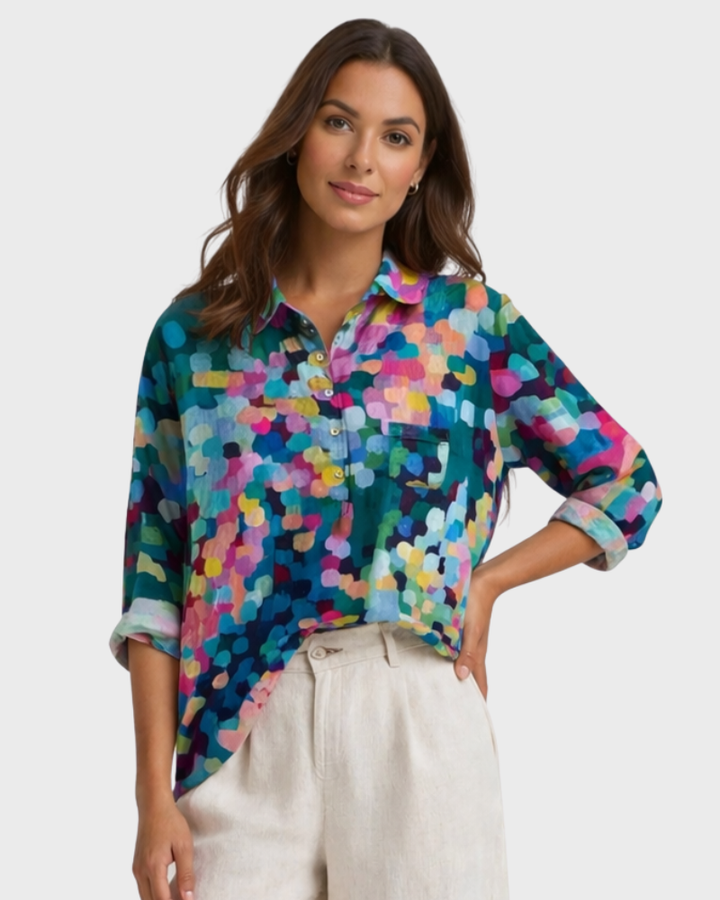 Lorenza Camicia Donna – Stampa Pois Colorati, Vestibilità Oversize & Stile Artistico