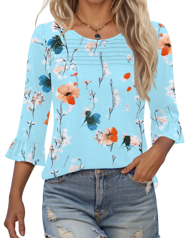 Briar Blusa Donna Elegante – Tunica Estiva Maniche 3/4, Plissé, Girocollo, Casual Chic
