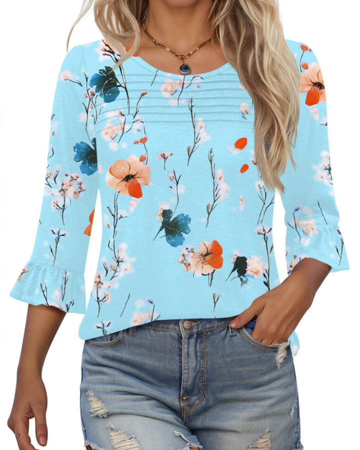 Briar Blusa Donna Elegante – Tunica Estiva Maniche 3/4, Plissé, Girocollo, Casual Chic
