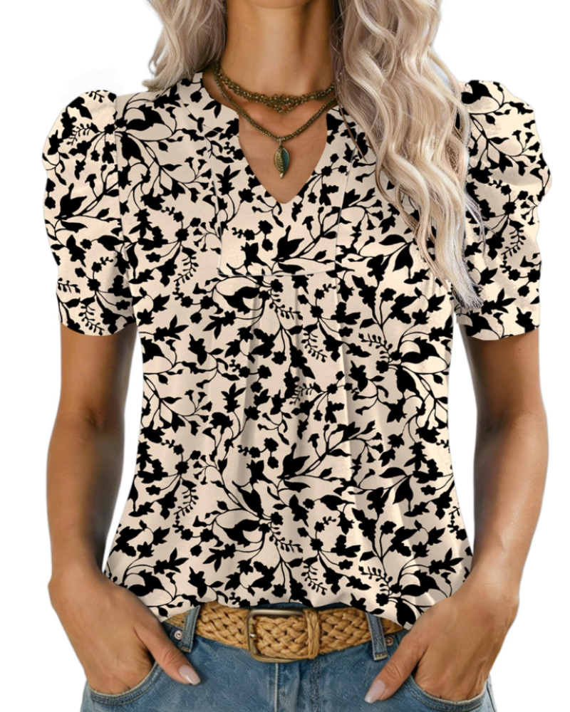 Zivelie Blouse Femme Élégante – Top Estival Col V, Manches Courtes Bouffantes, Décontracté Chic