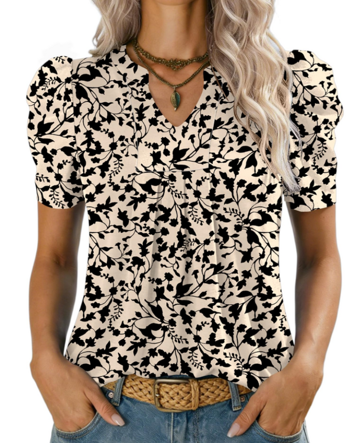 Zivelie Blouse Femme Élégante – Top Estival Col V, Manches Courtes Bouffantes, Décontracté Chic