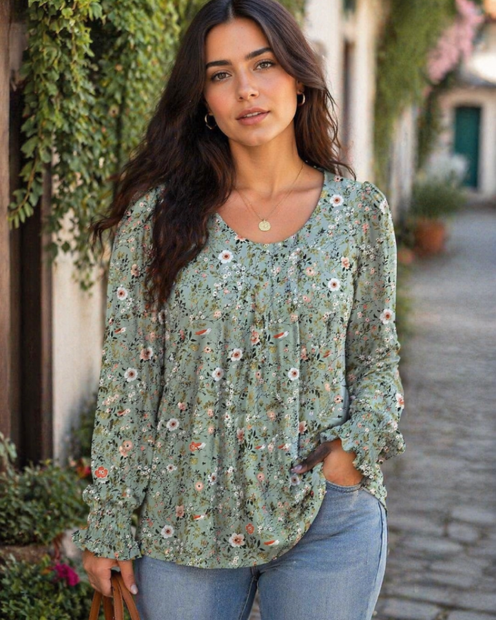 Zella Bluză Damă Elegantă – Tunică din Șifon cu Mâneci Lungi, Decolteu în V, Plisată, Casual Șic