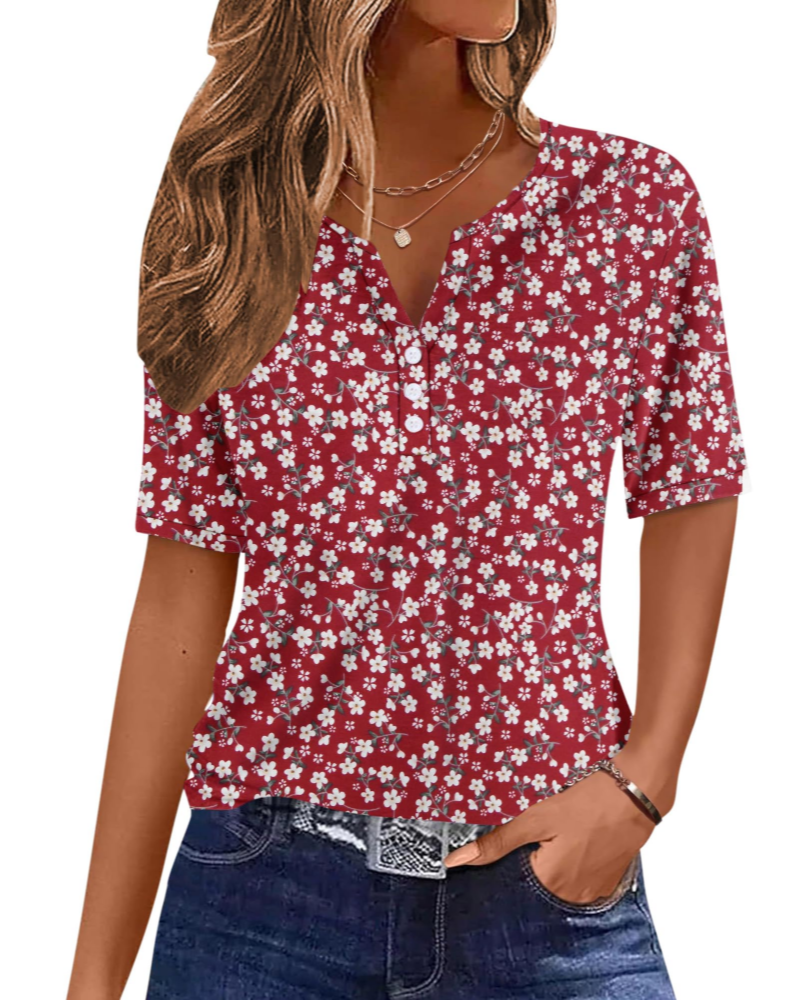 Wren T-Shirt Donna Elegante – Top Estivo Scollo V Henley, Bottoni, Maniche Corte