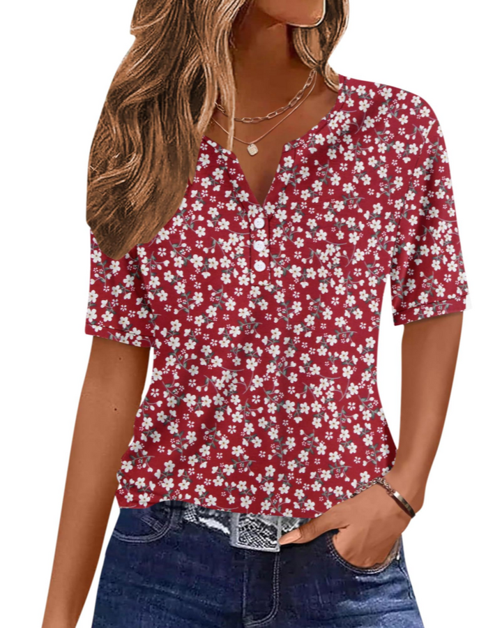 Wren T-Shirt Donna Elegante – Top Estivo Scollo V Henley, Bottoni, Maniche Corte