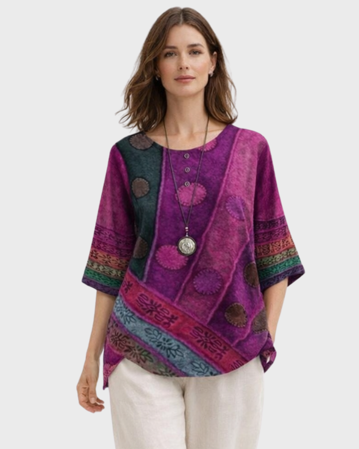 Luisa Dámská Halenka – Boho Retro Styl, Volný Střih & Elegantní Knoflíky