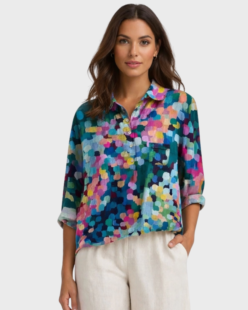 Lorenza Camicia Donna – Stampa Pois Colorati, Vestibilità Oversize & Stile Artistico