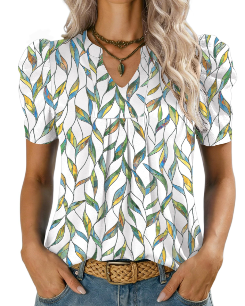 Zivelie Blouse Femme Élégante – Top Estival Col V, Manches Courtes Bouffantes, Décontracté Chic