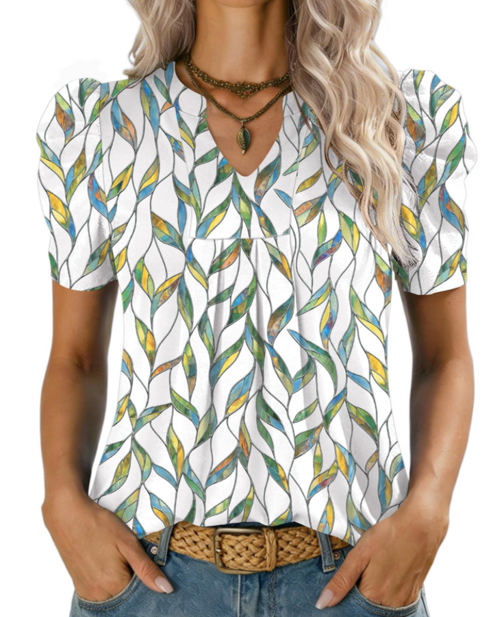 Zivelie Blouse Femme Élégante – Top Estival Col V, Manches Courtes Bouffantes, Décontracté Chic