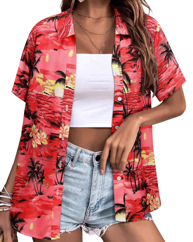 Sloane Damenbluse Hawaii – Sommerliches Blumen-Top, V-Ausschnitt, Kurzärmlig, Lässig