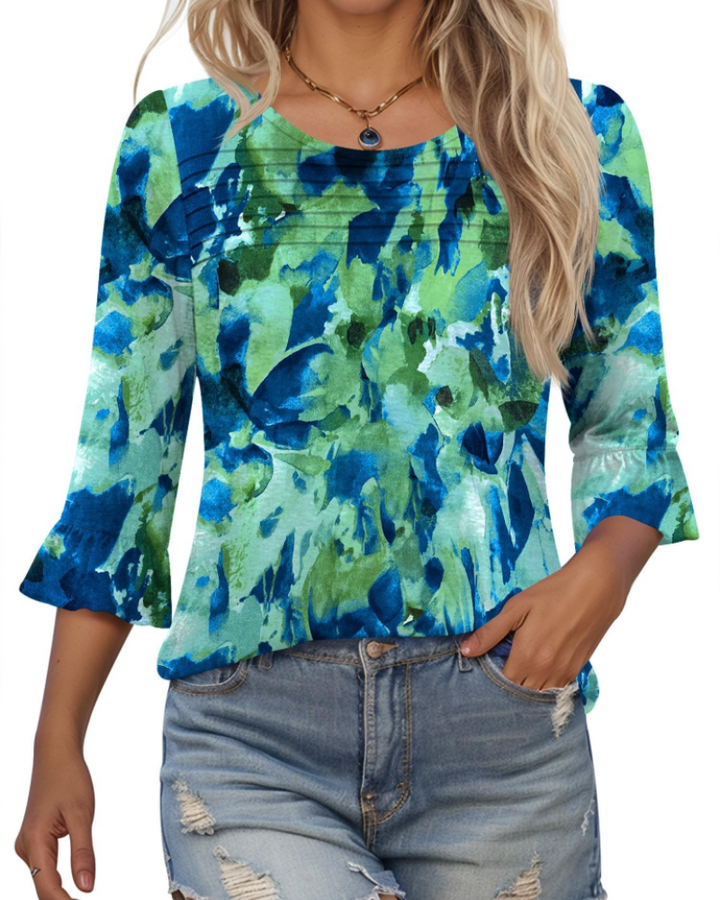 Briar Blusa Donna Elegante – Tunica Estiva Maniche 3/4, Plissé, Girocollo, Casual Chic