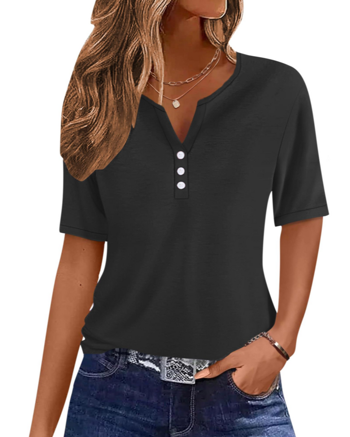 Wren T-Shirt Donna Elegante – Top Estivo Scollo V Henley, Bottoni, Maniche Corte