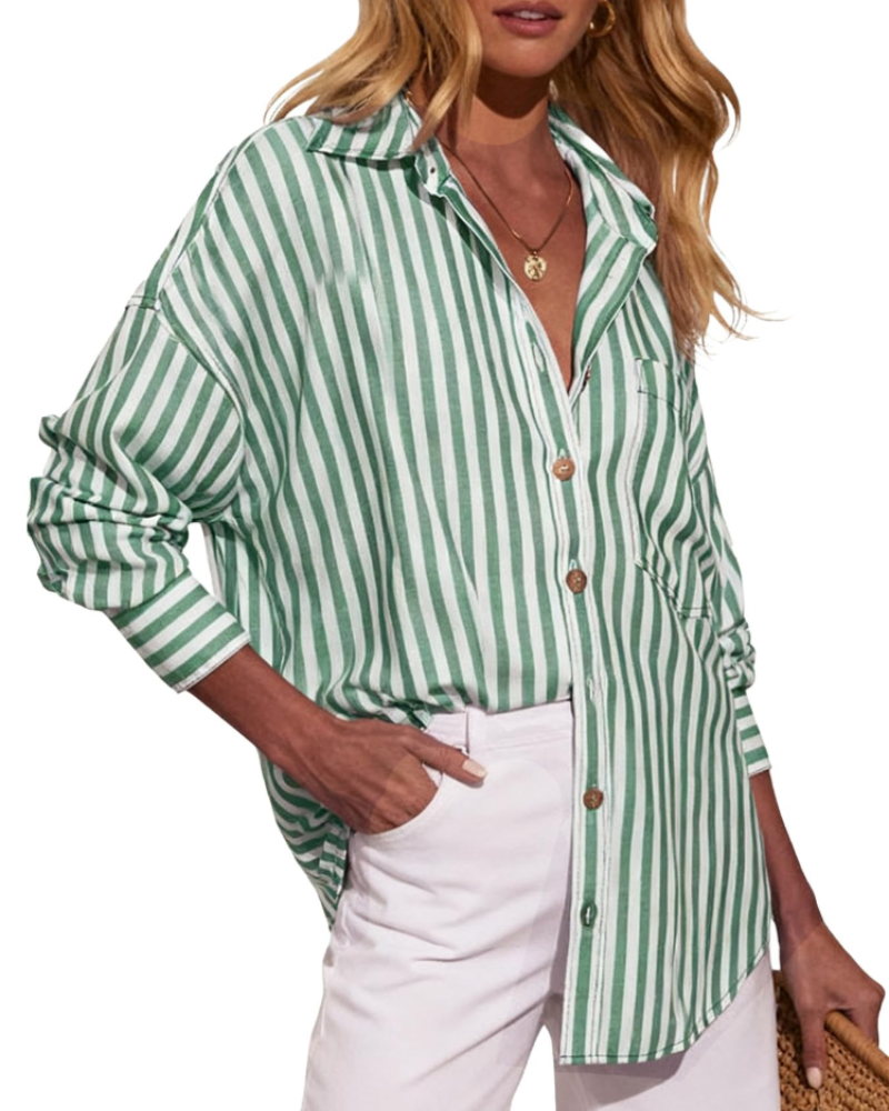 Virela Oversize Skjorte til Kvinder med Striber – Bomuld, Lange Ærmer, Lommer, Casual Elegant