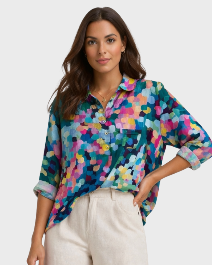 Lorenza Camicia Donna – Stampa Pois Colorati, Vestibilità Oversize & Stile Artistico