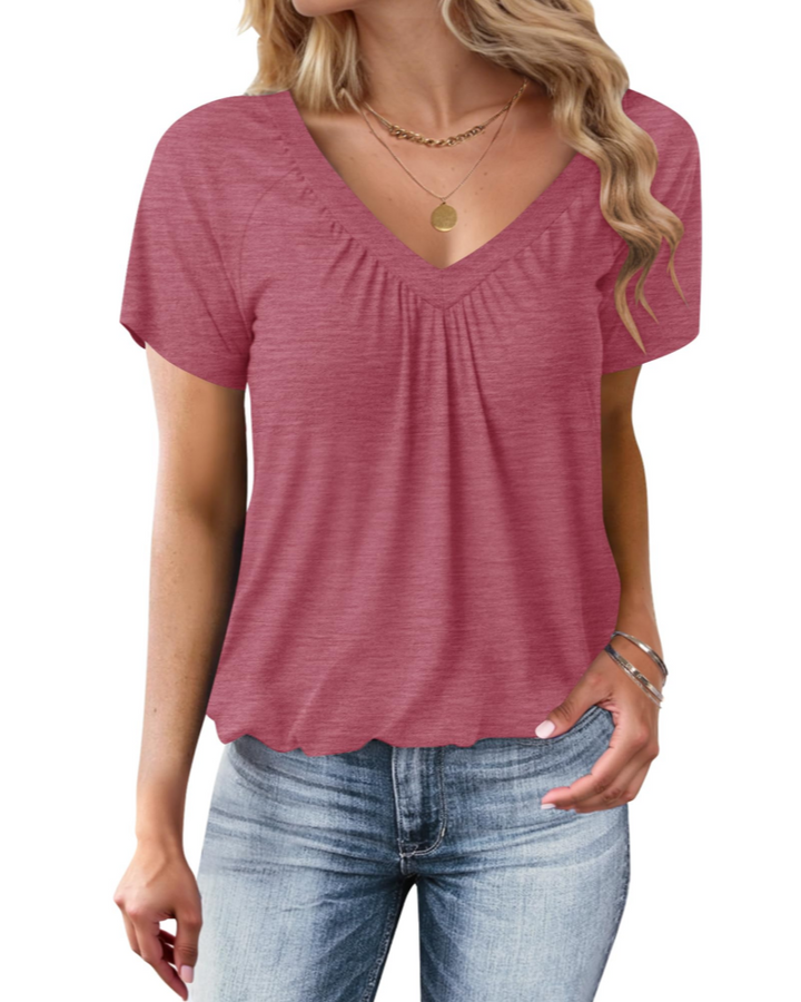 Zuri T-Shirt Donna Oversize – Letni top z dekoltem w serek, plisowany, z balonowym dołem, casual chic