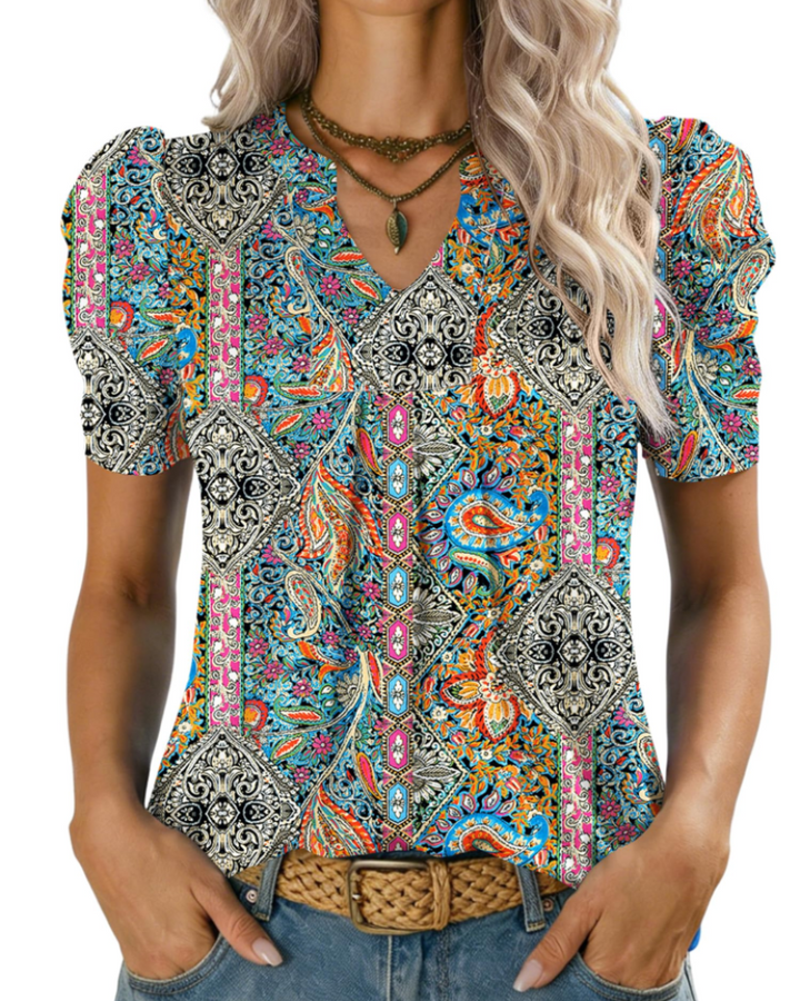 Zivelie Blouse Femme Élégante – Top Estival Col V, Manches Courtes Bouffantes, Décontracté Chic