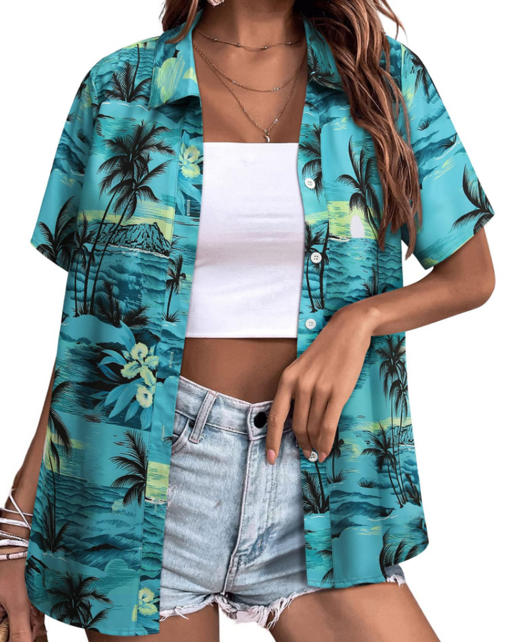 Sloane Damenbluse Hawaii – Sommerliches Blumen-Top, V-Ausschnitt, Kurzärmlig, Lässig
