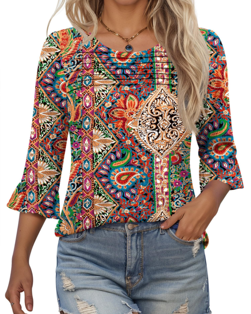 Briar Blusa Donna Elegante – Tunica Estiva Maniche 3/4, Plissé, Girocollo, Casual Chic