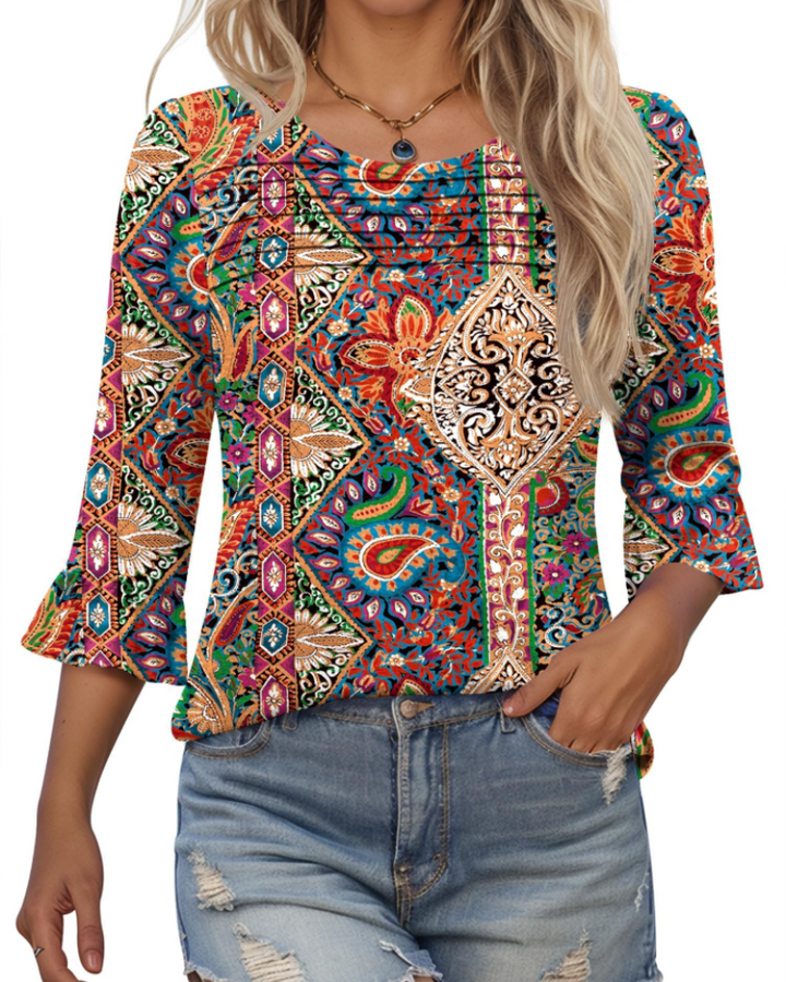 Briar Blusa Donna Elegante – Tunica Estiva Maniche 3/4, Plissé, Girocollo, Casual Chic