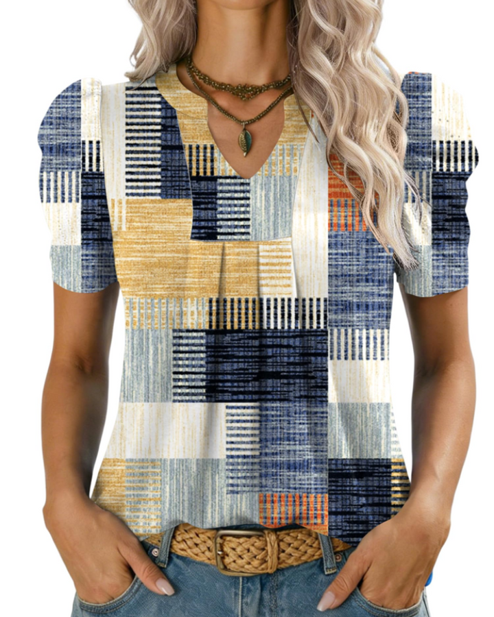 Zivelie Blouse Femme Élégante – Top Estival Col V, Manches Courtes Bouffantes, Décontracté Chic
