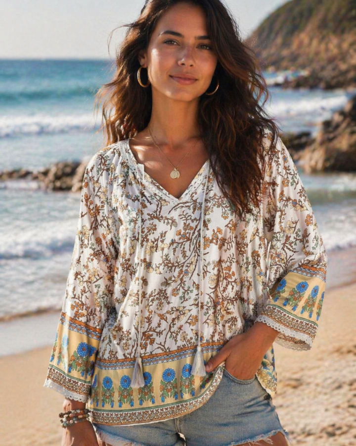 Azelia Blouse Femme Bohème – Col en V, Imprimé Floral & Nœud Avant, Manches 3/4 Fluides