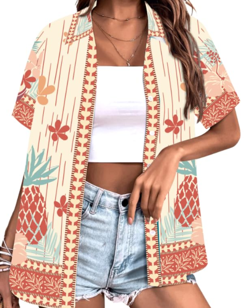 Sloane Damenbluse Hawaii – Sommerliches Blumen-Top, V-Ausschnitt, Kurzärmlig, Lässig