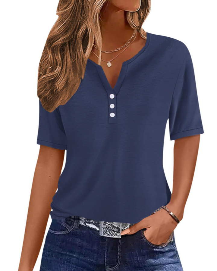 Wren T-Shirt Donna Elegante – Top Estivo Scollo V Henley, Bottoni, Maniche Corte