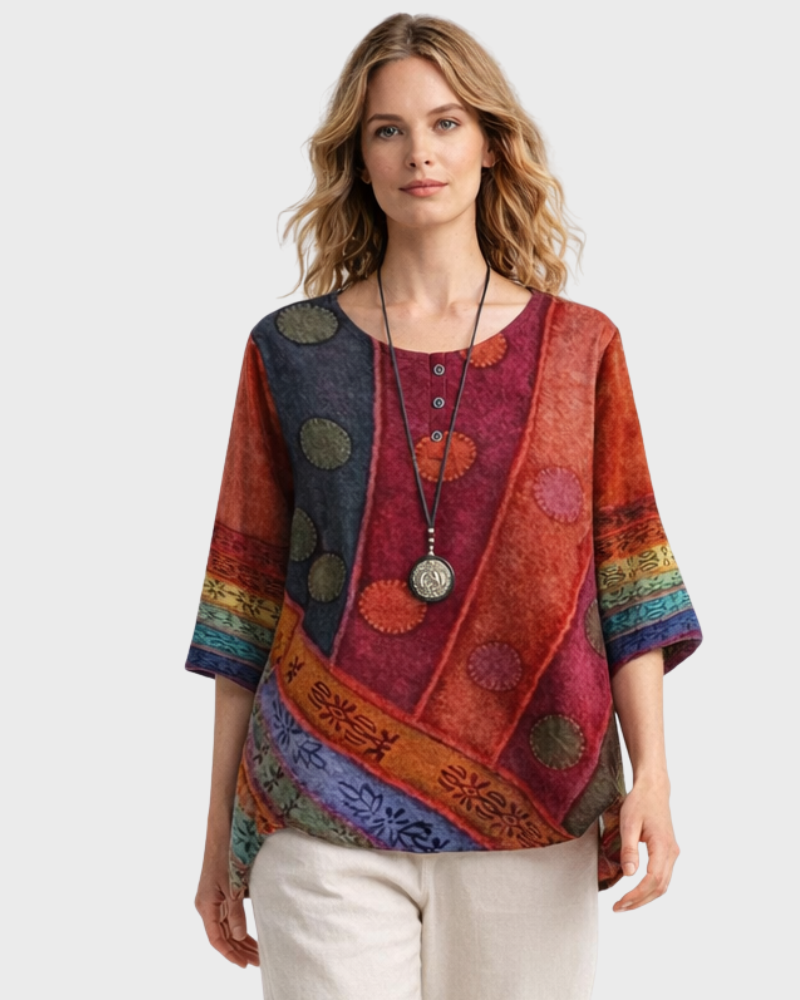 Luisa Dámská Halenka – Boho Retro Styl, Volný Střih & Elegantní Knoflíky