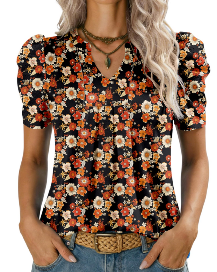 Zivelie Blouse Femme Élégante – Top Estival Col V, Manches Courtes Bouffantes, Décontracté Chic