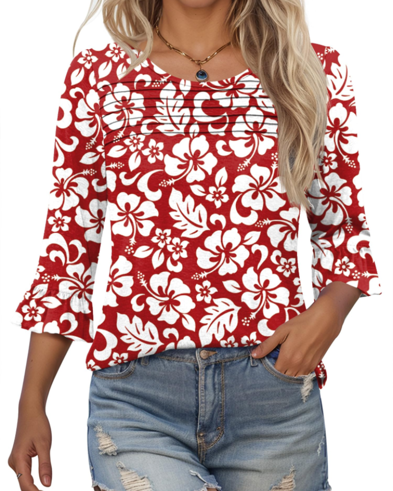 Briar Blusa Donna Elegante – Tunica Estiva Maniche 3/4, Plissé, Girocollo, Casual Chic