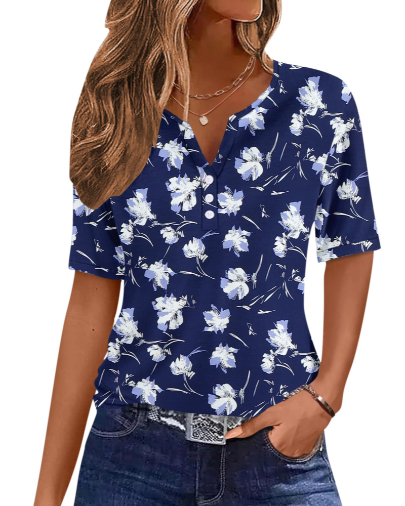Wren T-Shirt Donna Elegante – Top Estivo Scollo V Henley, Bottoni, Maniche Corte