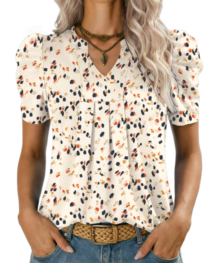 Zivelie Blouse Femme Élégante – Top Estival Col V, Manches Courtes Bouffantes, Décontracté Chic