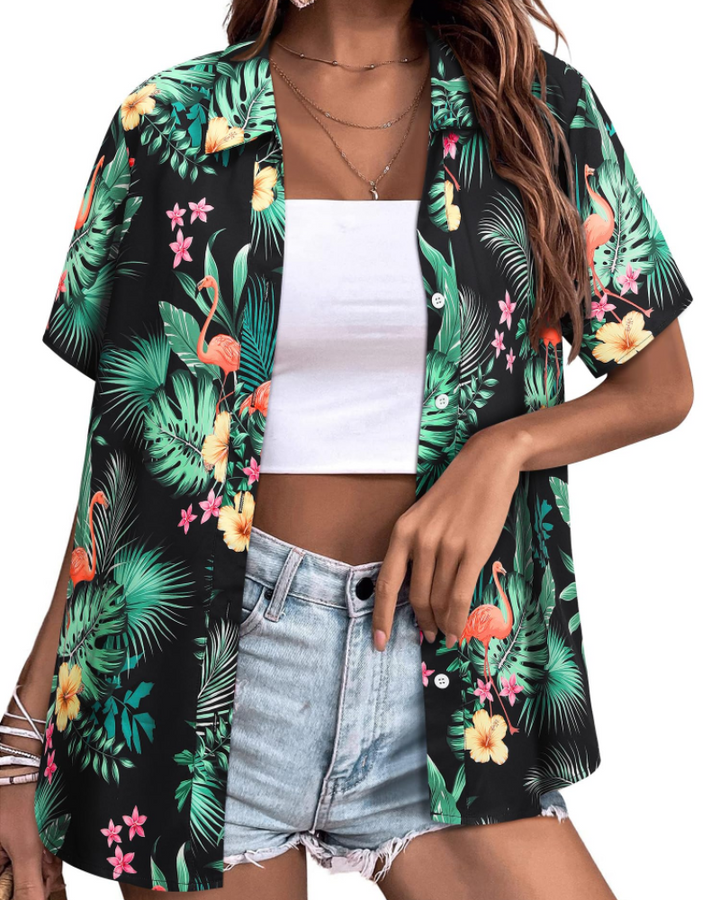 Sloane Damenbluse Hawaii – Sommerliches Blumen-Top, V-Ausschnitt, Kurzärmlig, Lässig