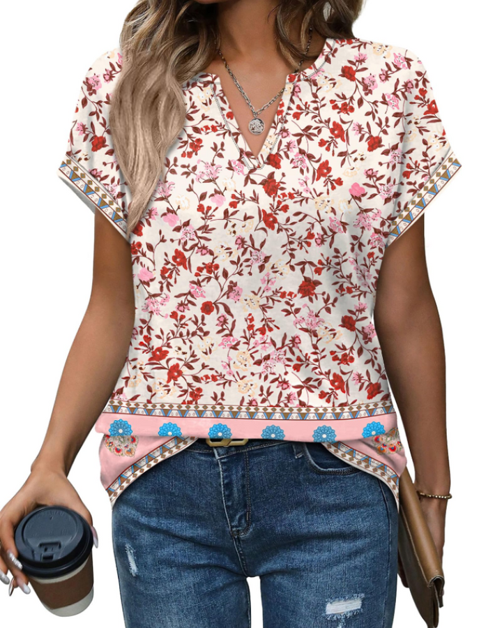 Tricou Francesca pentru femei – decolteu în V, mâneci întoarse și tunică casual lejeră