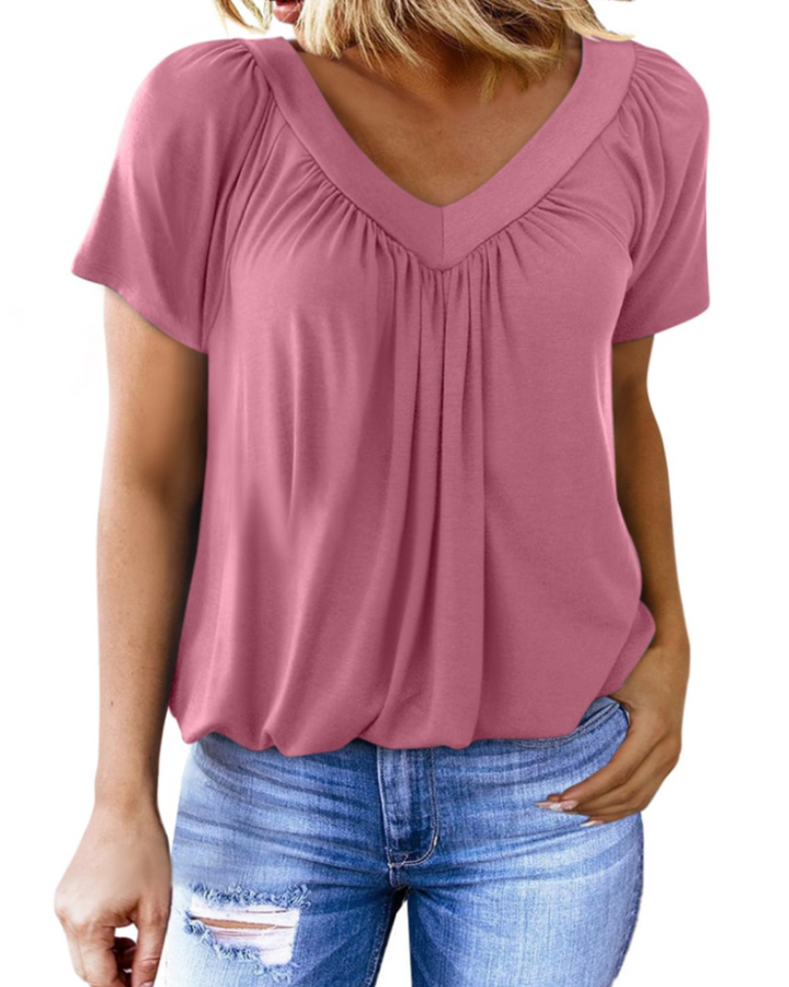 T-shirt Solara Femme Oversize – Top d'été Col V, Manches Courtes, Uni Décontracté