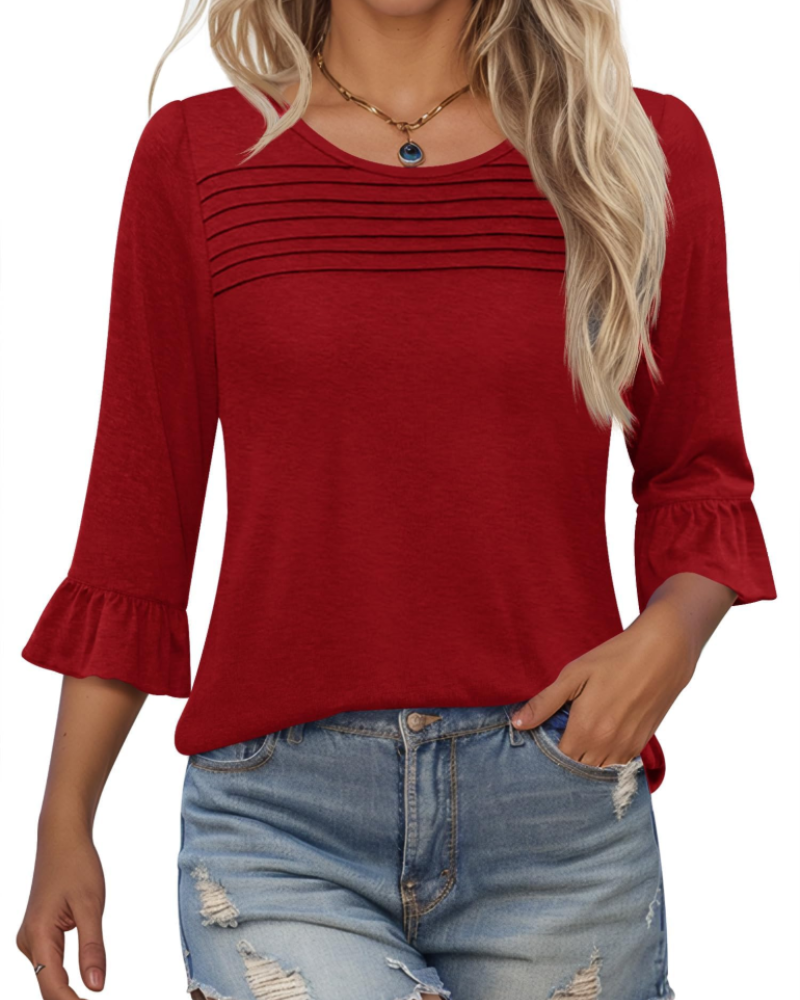 Briar Blusa Donna Elegante – Tunica Estiva Maniche 3/4, Plissé, Girocollo, Casual Chic