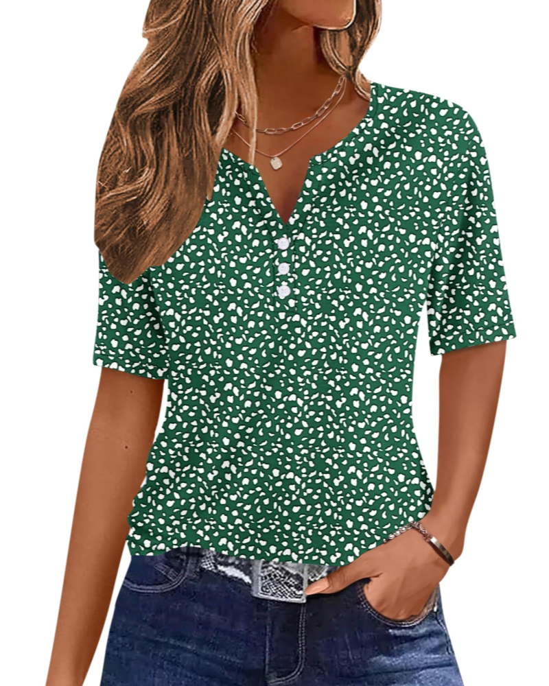 Wren T-Shirt Donna Elegante – Top Estivo Scollo V Henley, Bottoni, Maniche Corte