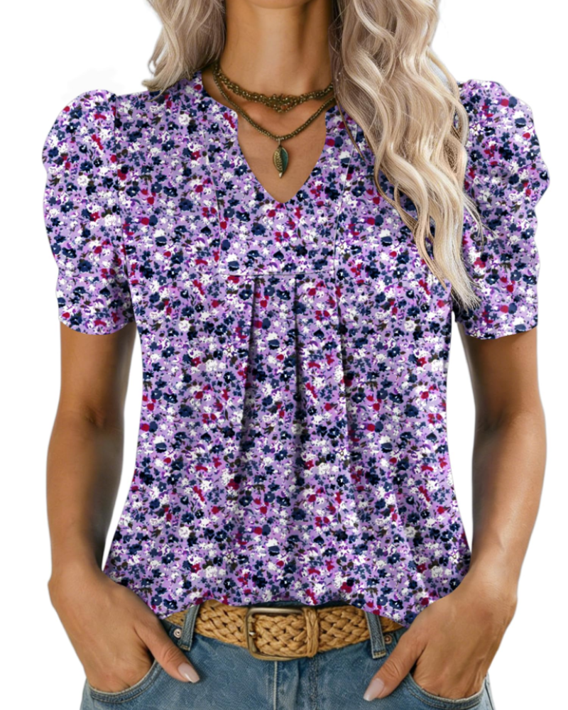 Zivelie Blouse Femme Élégante – Top Estival Col V, Manches Courtes Bouffantes, Décontracté Chic