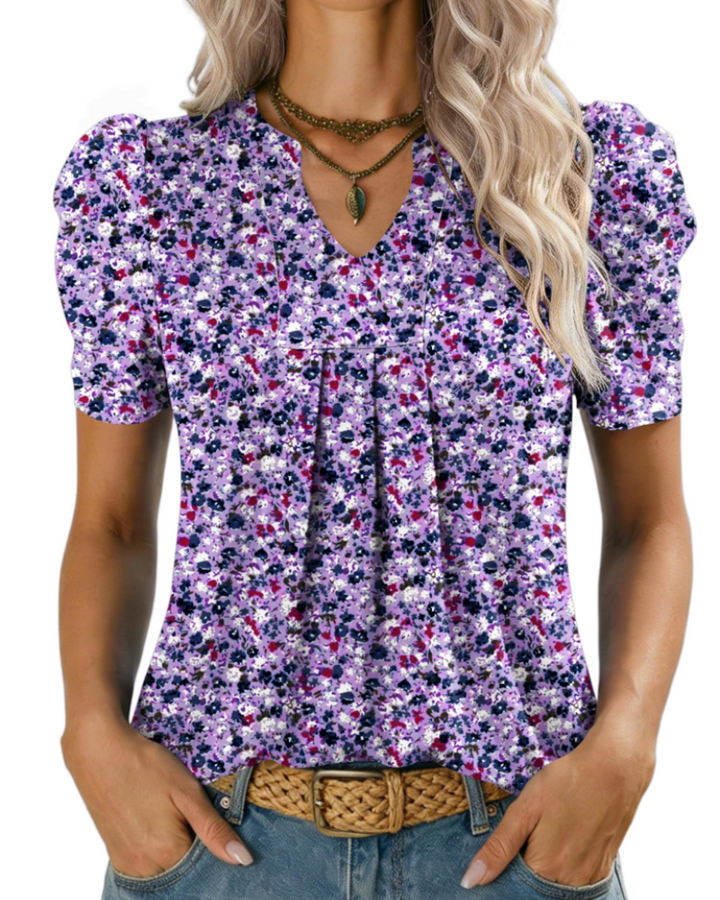 Zivelie Blouse Femme Élégante – Top Estival Col V, Manches Courtes Bouffantes, Décontracté Chic