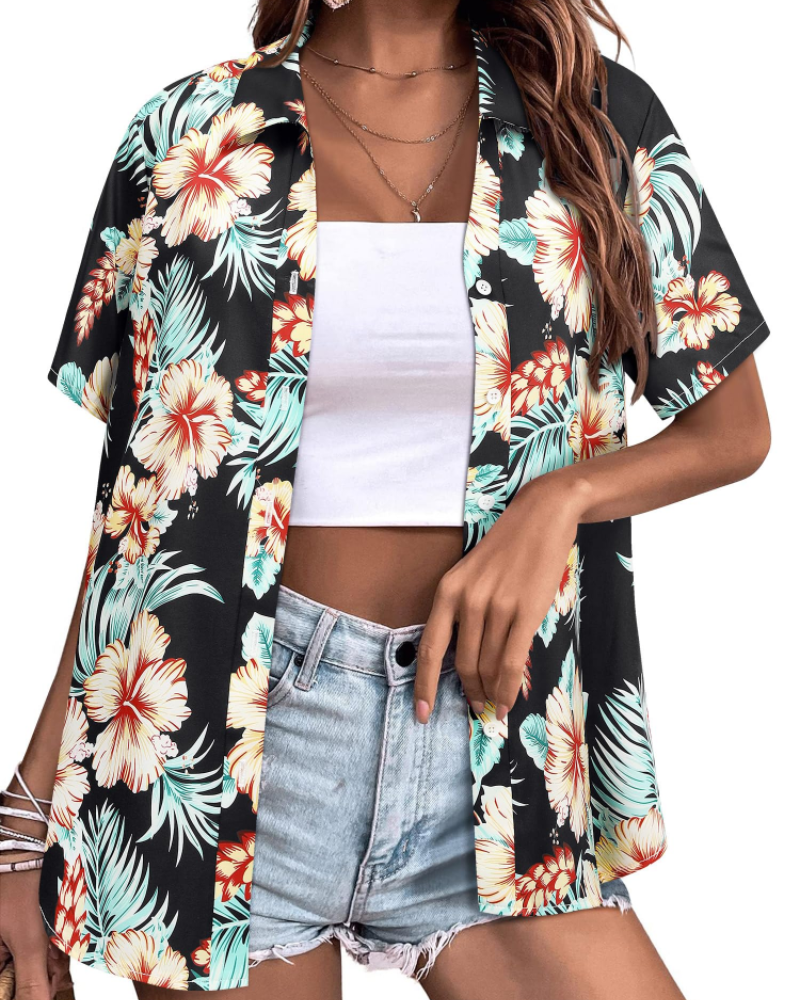 Sloane Damenbluse Hawaii – Sommerliches Blumen-Top, V-Ausschnitt, Kurzärmlig, Lässig